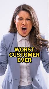 Angry businesswoman with text 'Worst Customer Ever'