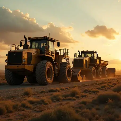 Two large dump trucks driving on desert road